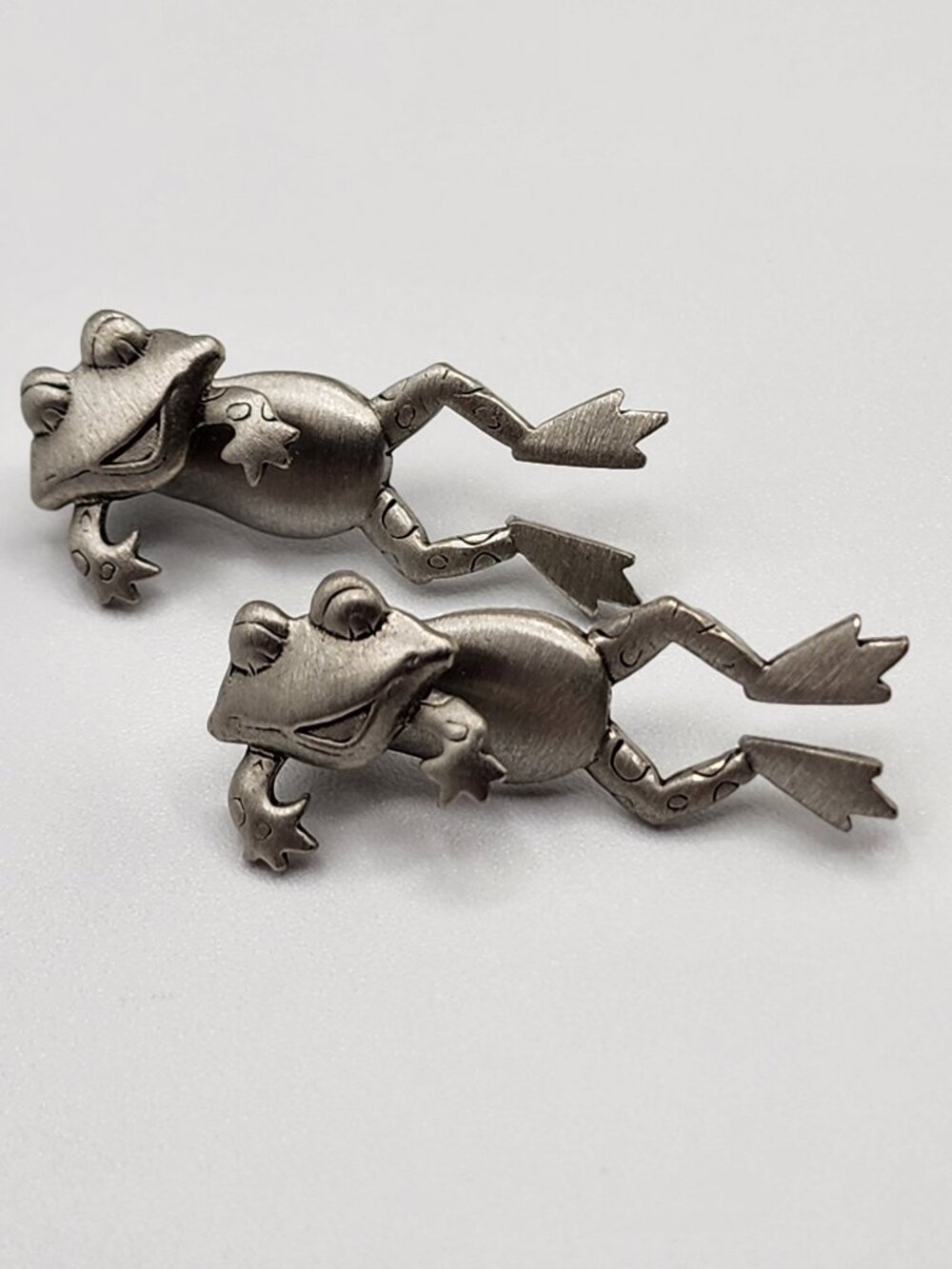 Vintage J.J. Jonette Jewelry Pewter 3D Frog Toad Two Piece Pierced Earrings